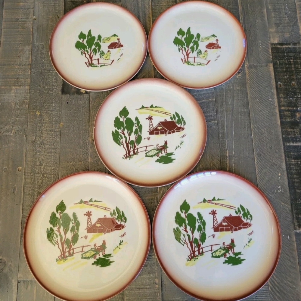 5 Brock Farmhouse 10" 11" Dinner Plates Mid Century Vintage Brown Cottage Farm